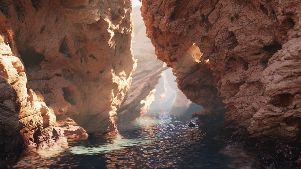 A river going through what looks like a canyon, arching a bit over the water, with sunlight shining through an opening in the rocks.