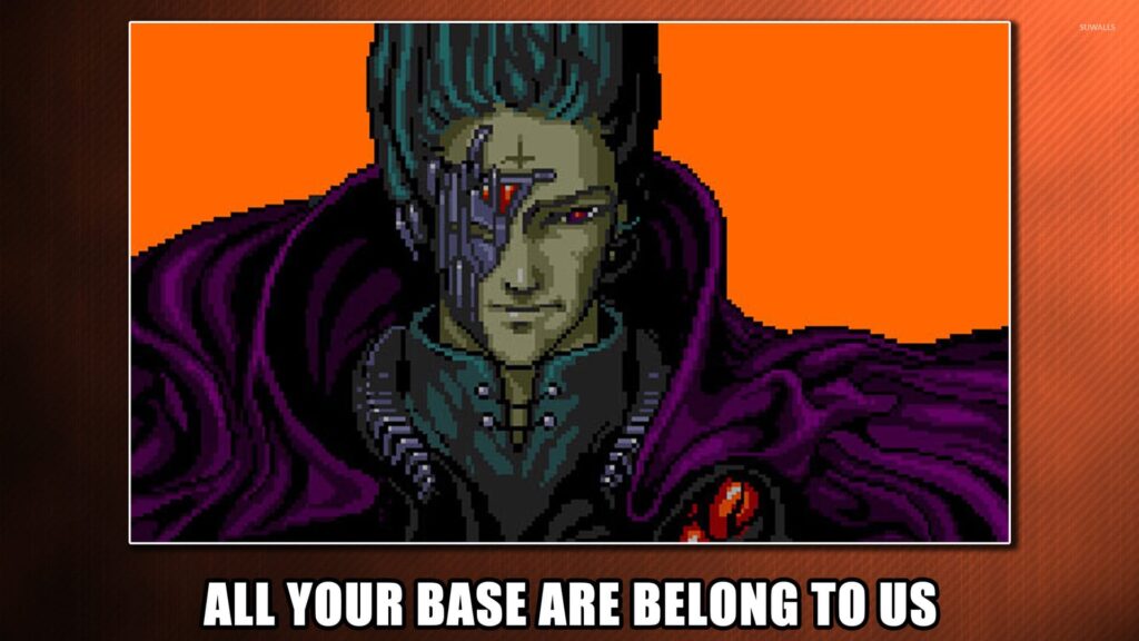 A video game screenshot with the character CATS from Zero Wing and the phrase "all your base are belong to us".