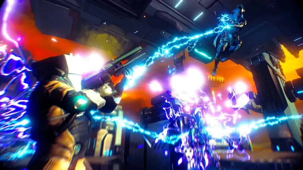 The Warframe Volt is jumping up on the background while launching lightning into an armed Corpus in the foreground.