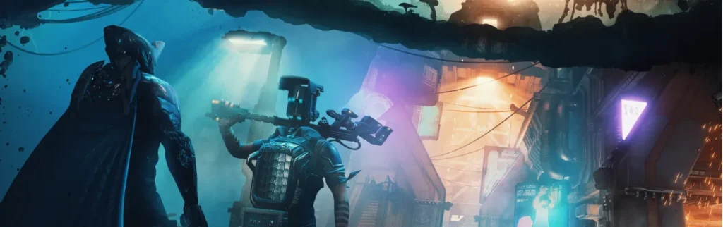 A Warframe and a human with a robot head are talking in the foregorund. In the background, buildings made of metal shine under neon lights, evoking a cyberpunk aesthetic.