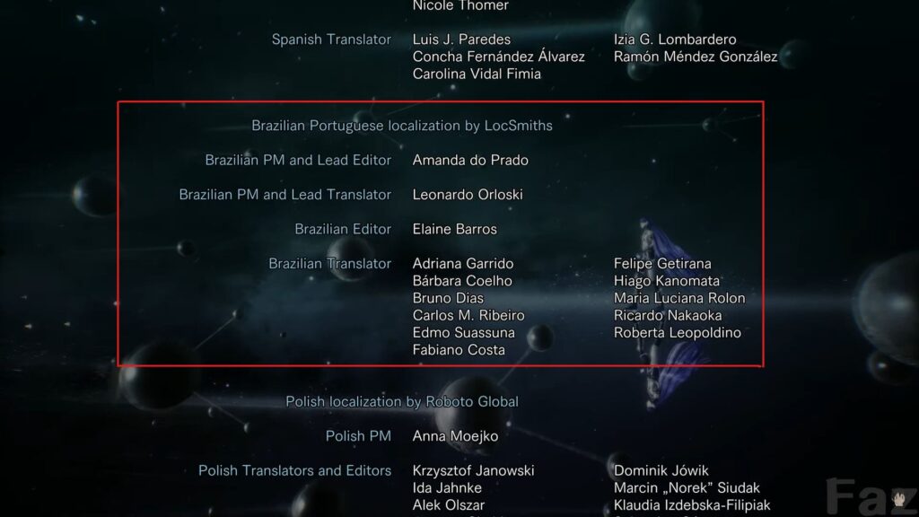 A screenshot of the credits with the team's names: Amanda do Prado, Leonardo Orloski, Elaine Barros, Adriana Garrido, Bárbara Coelho, Bruno Dias, Carlos M. Ribeiro, Edmo Suassuna, Fabiano Costa, Felipe Getiana, Hiago Kanomata, Maria Luciana Rolon, Ricardo Nakaoka, Roberta Leopoldino.