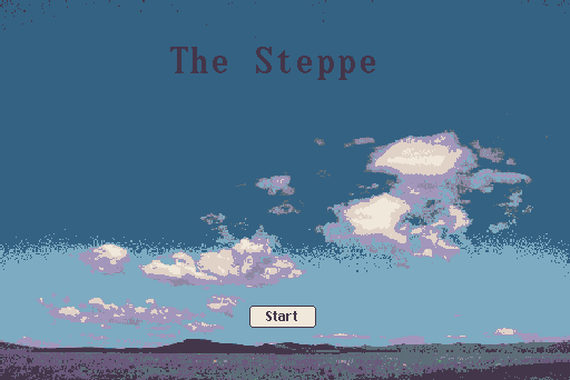 A photo of a steppe that was pixelated and crunched to 16 colors. It's written "The Steppe" at the top and there's a "Start" button.